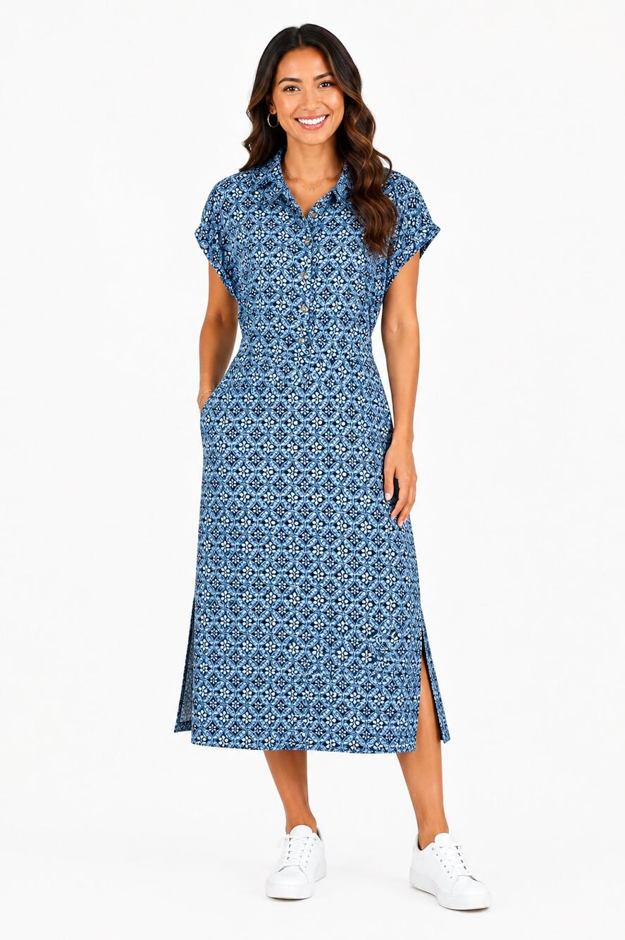 Lucky Brand Geometric Floral Medallion Midi Dress Blue White Womens Size XL